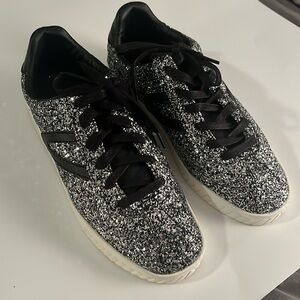 Worn once excellent condition, black and silver glitter Tretorns